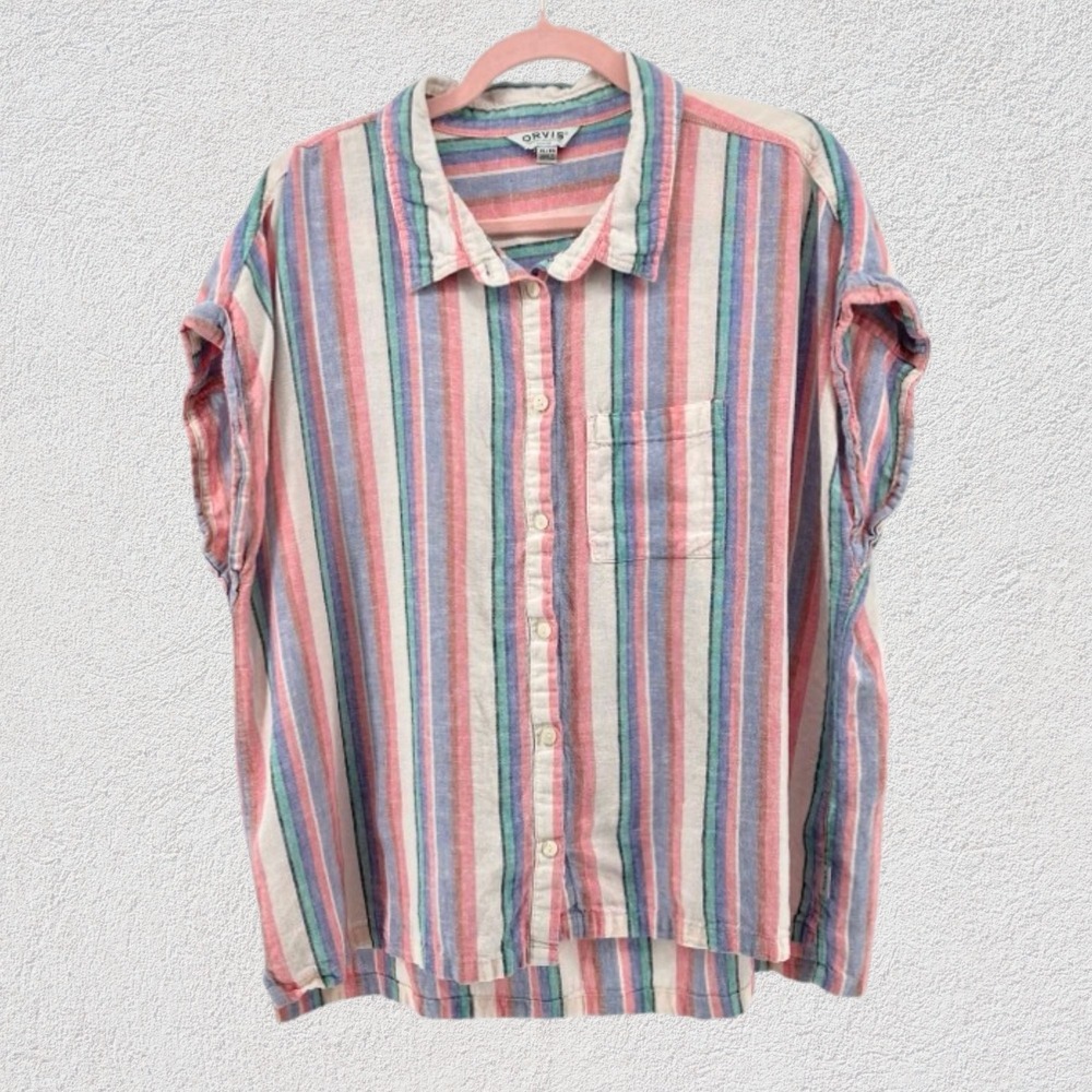 Orvis Classic Collection Linen Blend Striped Button Down Shirt XL Multi Color